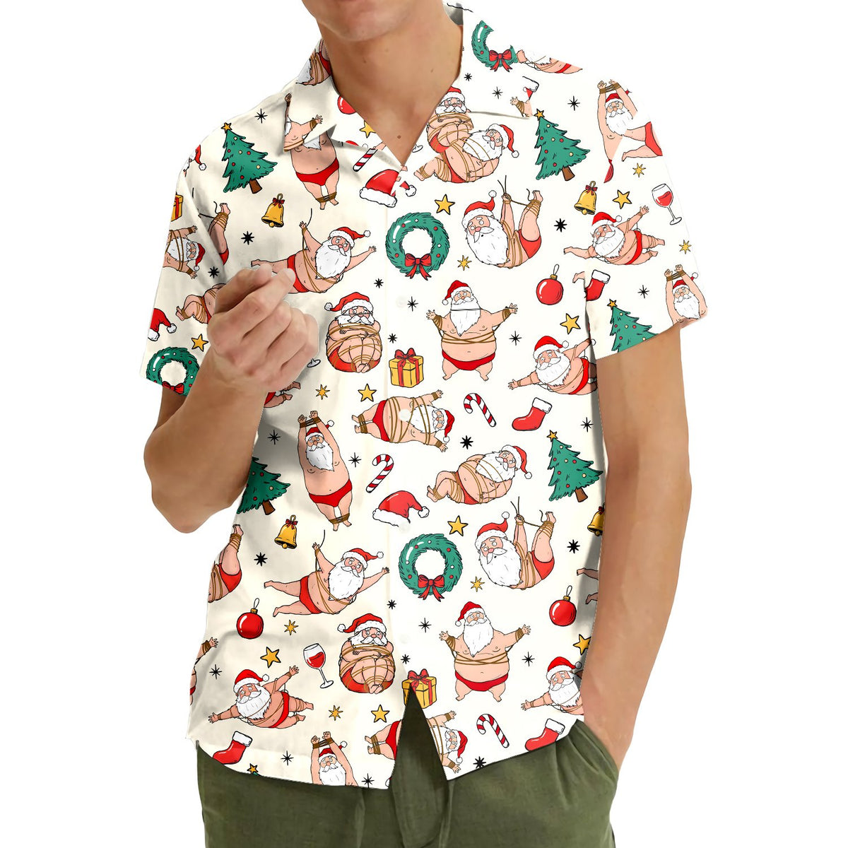 Second lifestyle view of matching family hawaiian shirts in naughty Santa design