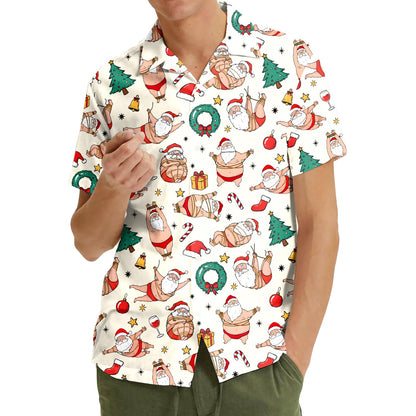 Second lifestyle view of matching family hawaiian shirts in naughty Santa design