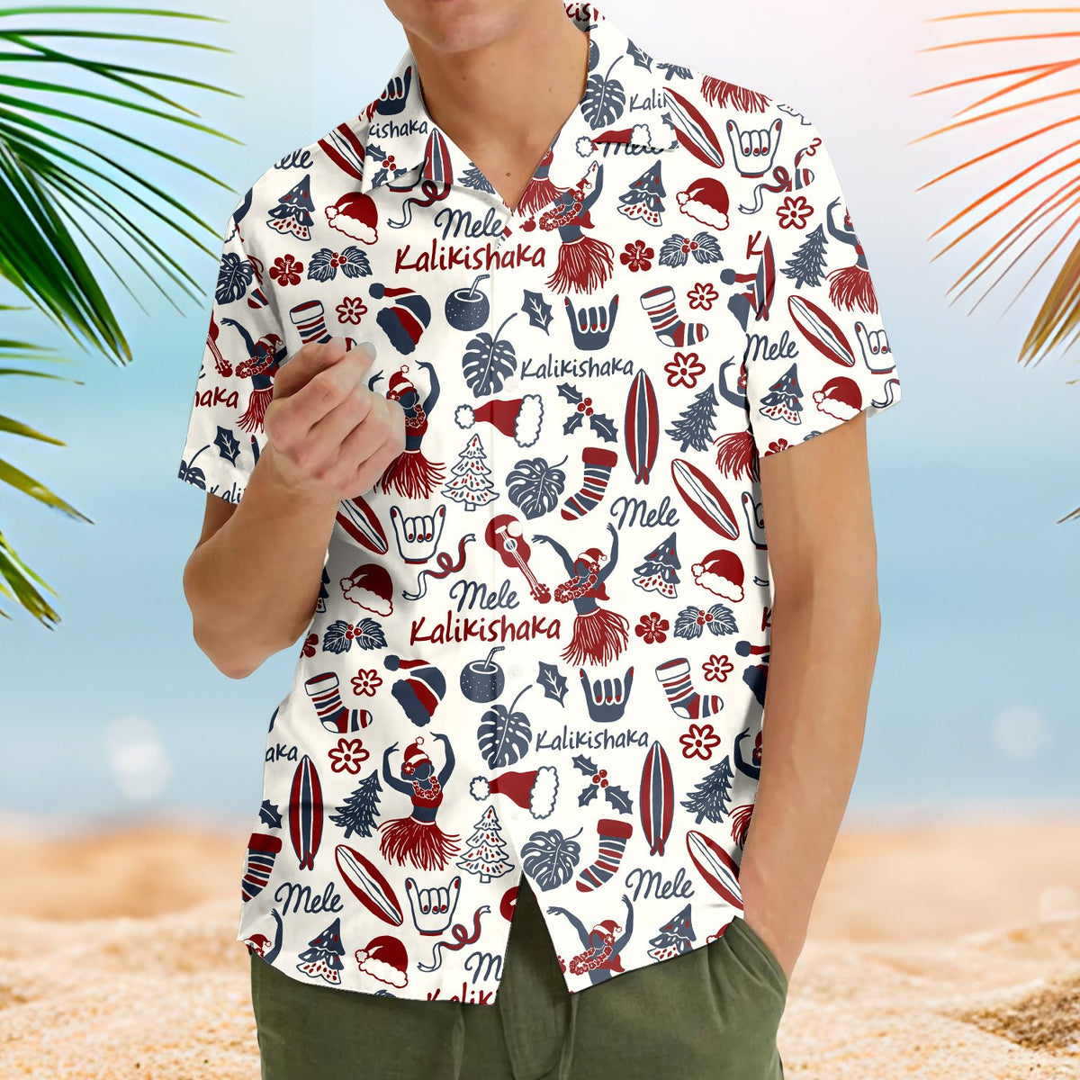 Second lifestyle view of matching family Christmas Hawaiian shirts