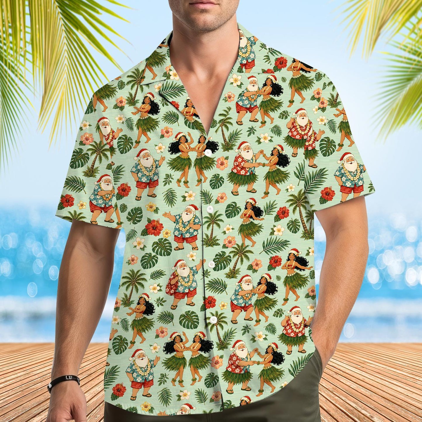 Second lifestyle view featuring the tropical holiday apparel in a festive setting