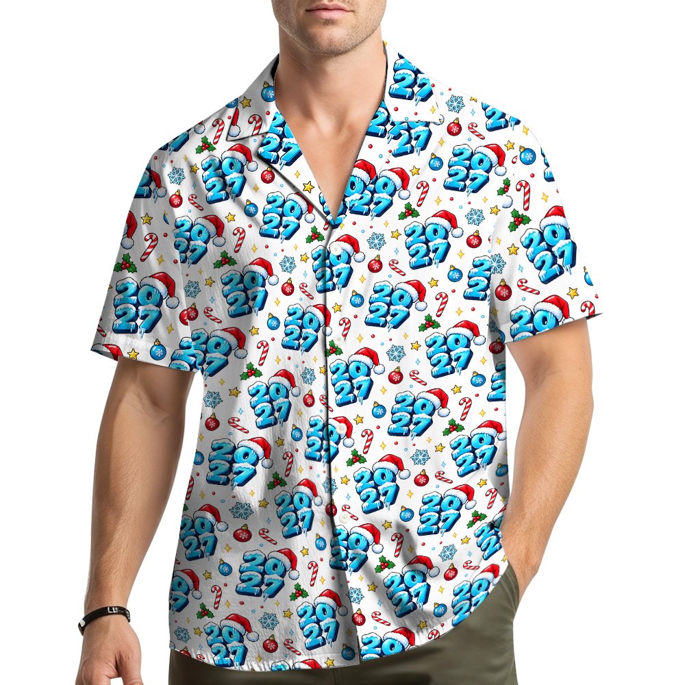 Second lifestyle view showcasing the festive matching hawaiian shirts for family