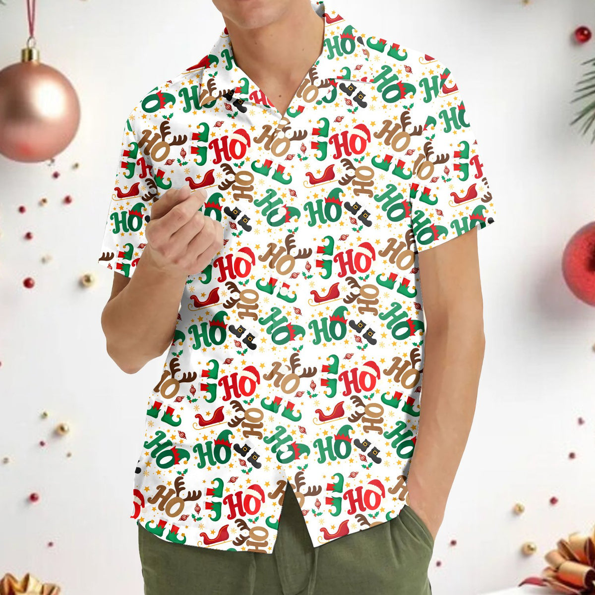 Second lifestyle shot of the festive christmas hawaiian shirt