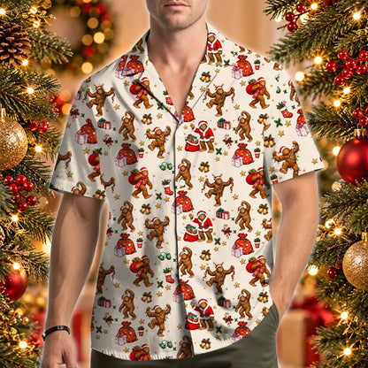 Another lifestyle view of the bigfoot christmas hawaiian shirt outdoors