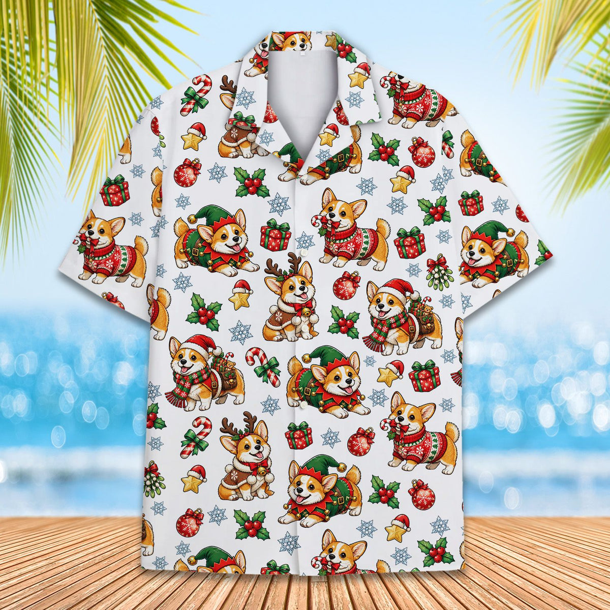 Second lifestyle view showing the holiday corgi shirt in action