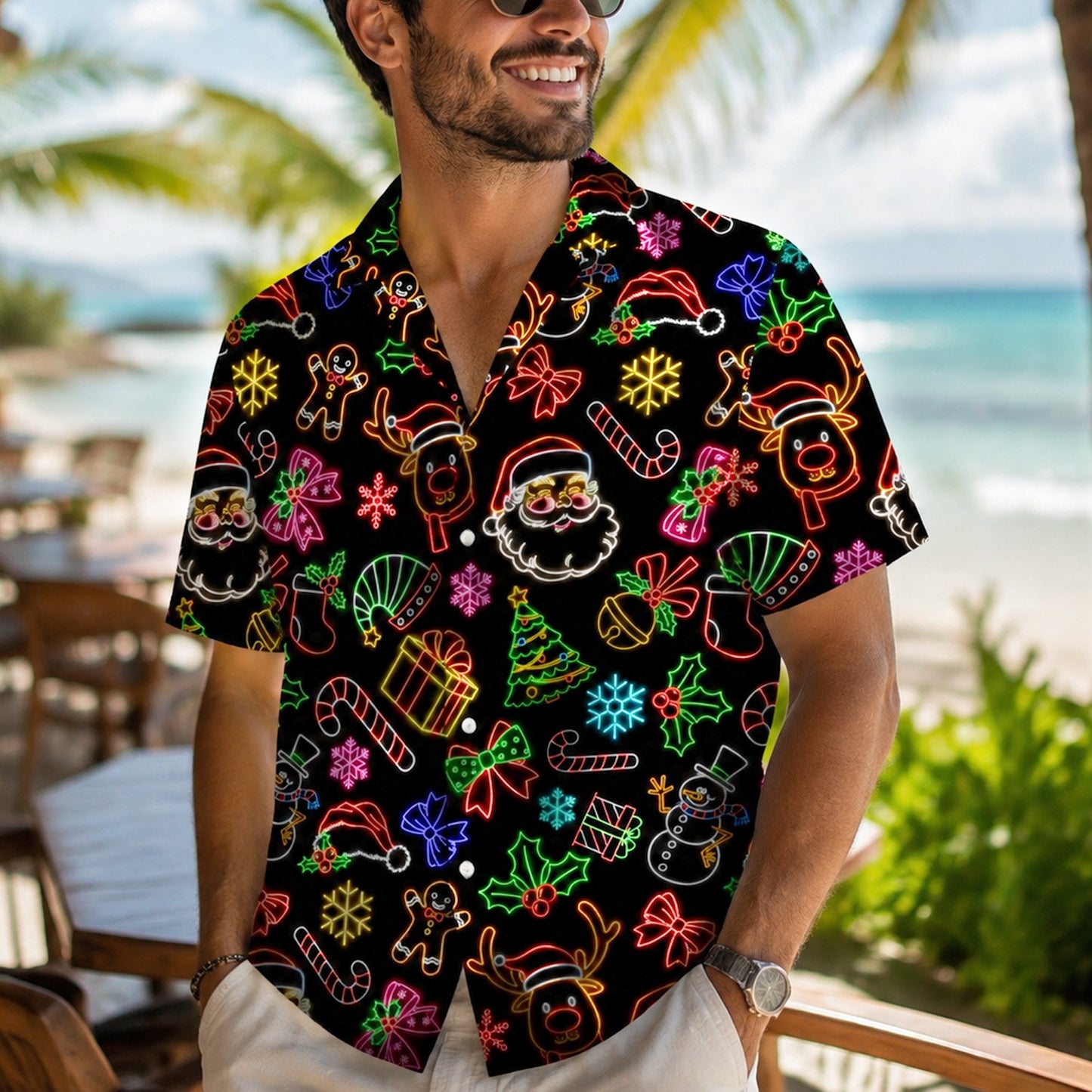 Second lifestyle view showcasing the matching family hawaiian shirts