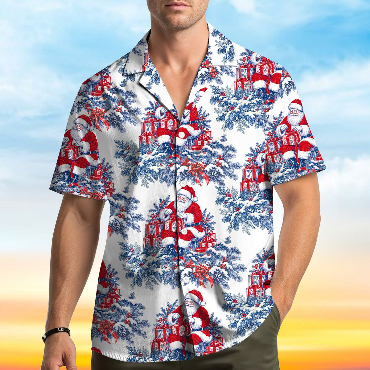 Second lifestyle view of the holiday hawaiian shirt being worn