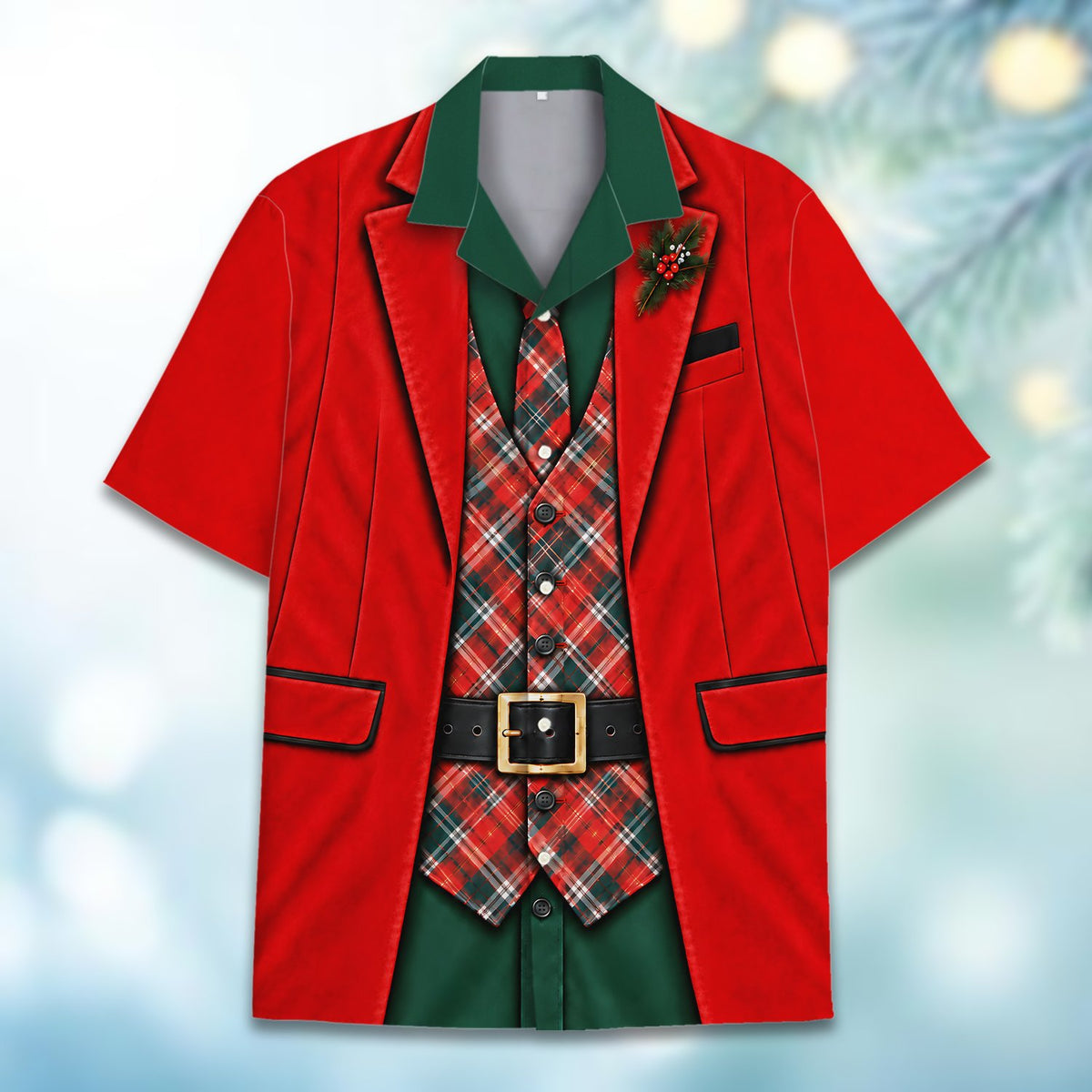 Second lifestyle view of the red hawaiian christmas shirt worn outdoors