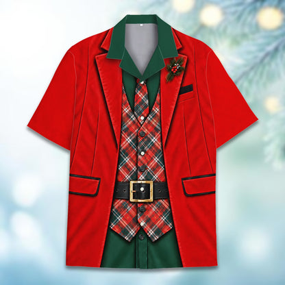 Second lifestyle view of the red hawaiian christmas shirt worn outdoors