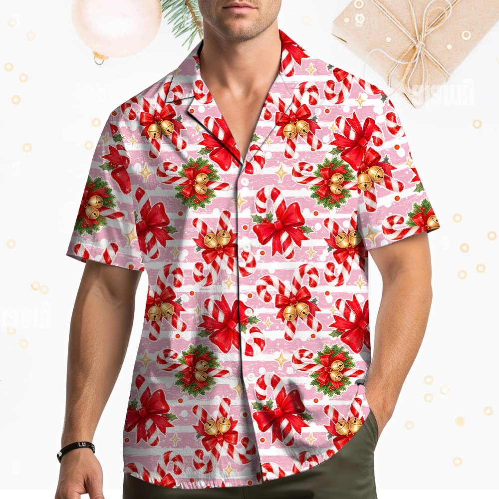 Another lifestyle view featuring the pink christmas hawaiian shirts outdoors