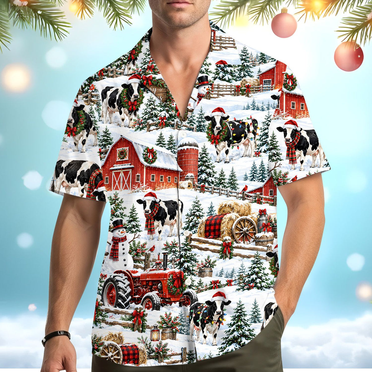 Second lifestyle view showcasing the festive cow and barn design on the hawaiian shirt