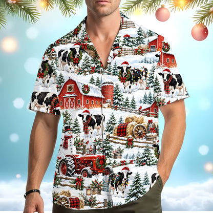 Second lifestyle view showcasing the festive cow and barn design on the hawaiian shirt