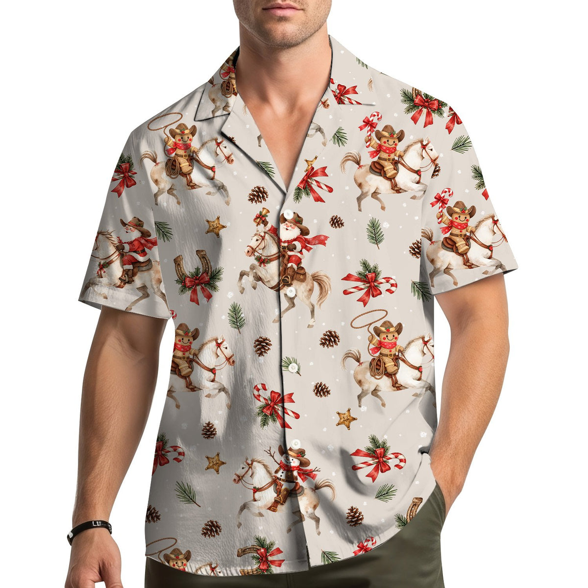 Lifestyle view of people wearing the multicolor matching family christmas hawaiian shirt