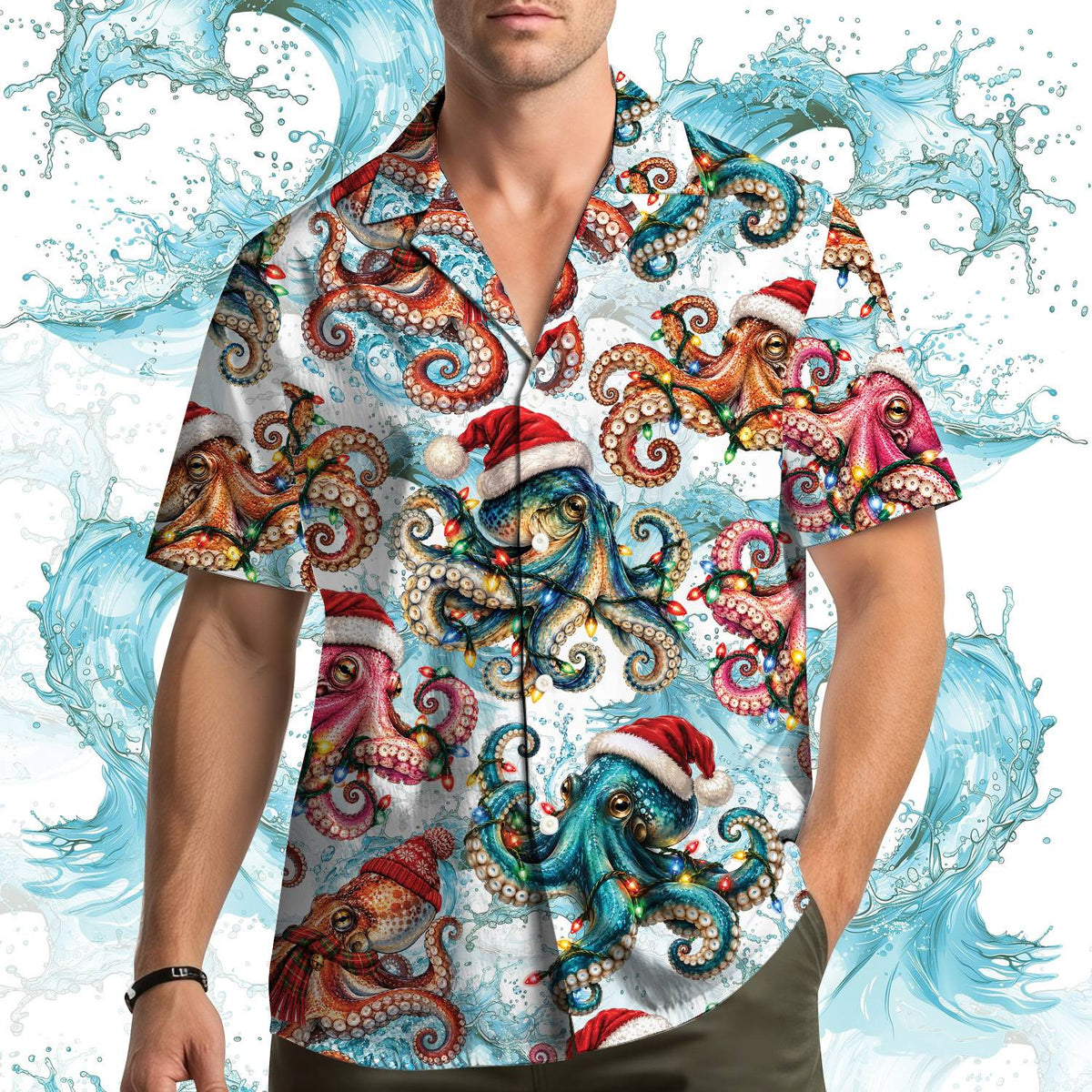 Second lifestyle image showing the festive octopus design on the hawaiian shirt