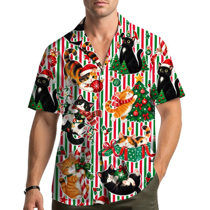 Close up lifestyle shot of the holiday cat hawaiian shirt