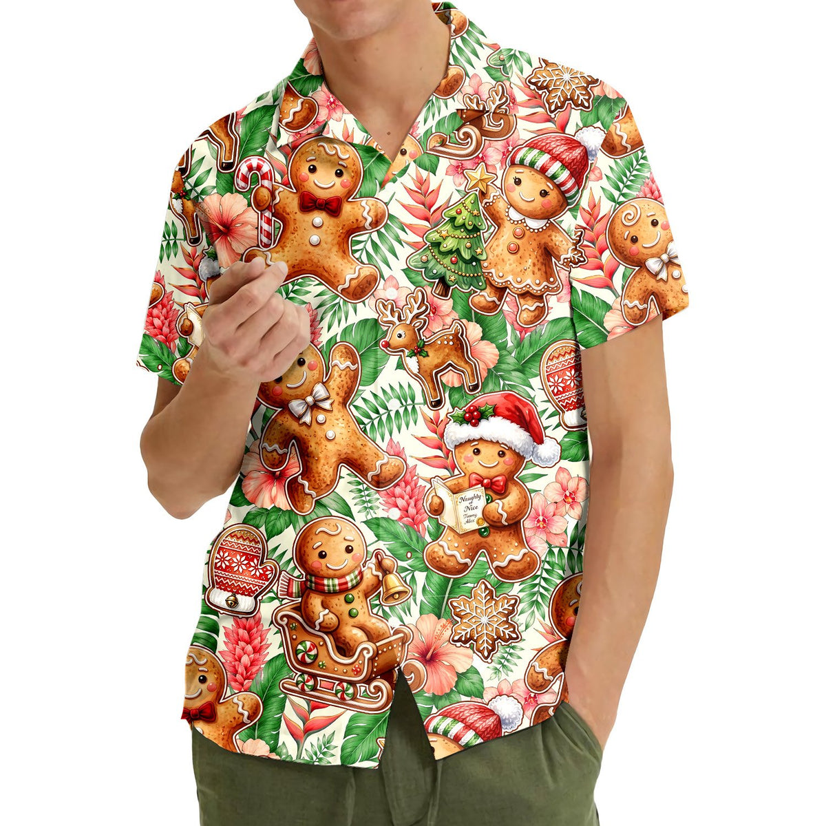 Third lifestyle view showing the holiday hawaiian shirt in action