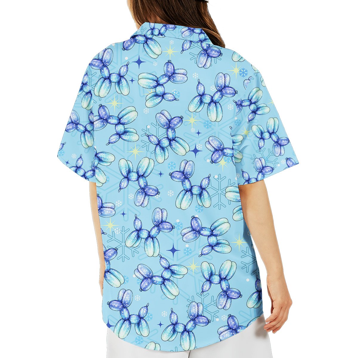 Close up lifestyle view of the light blue balloon dog christmas hawaiian shirt