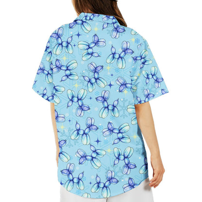 Close up lifestyle view of the light blue balloon dog christmas hawaiian shirt