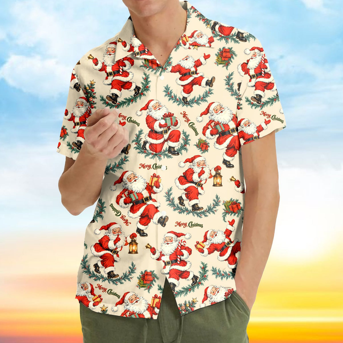 Outdoor lifestyle image featuring the beige vintage Santa holiday hawaiian shirt