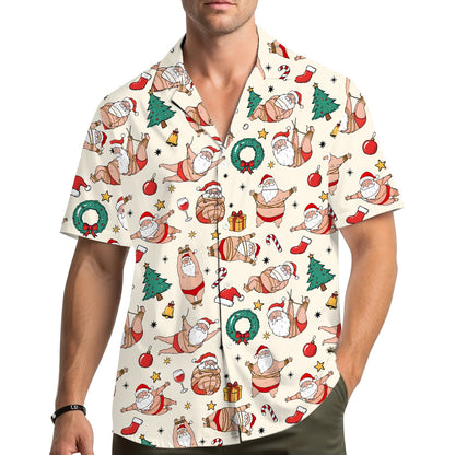 Third lifestyle view of matching family hawaiian shirts in naughty Santa design