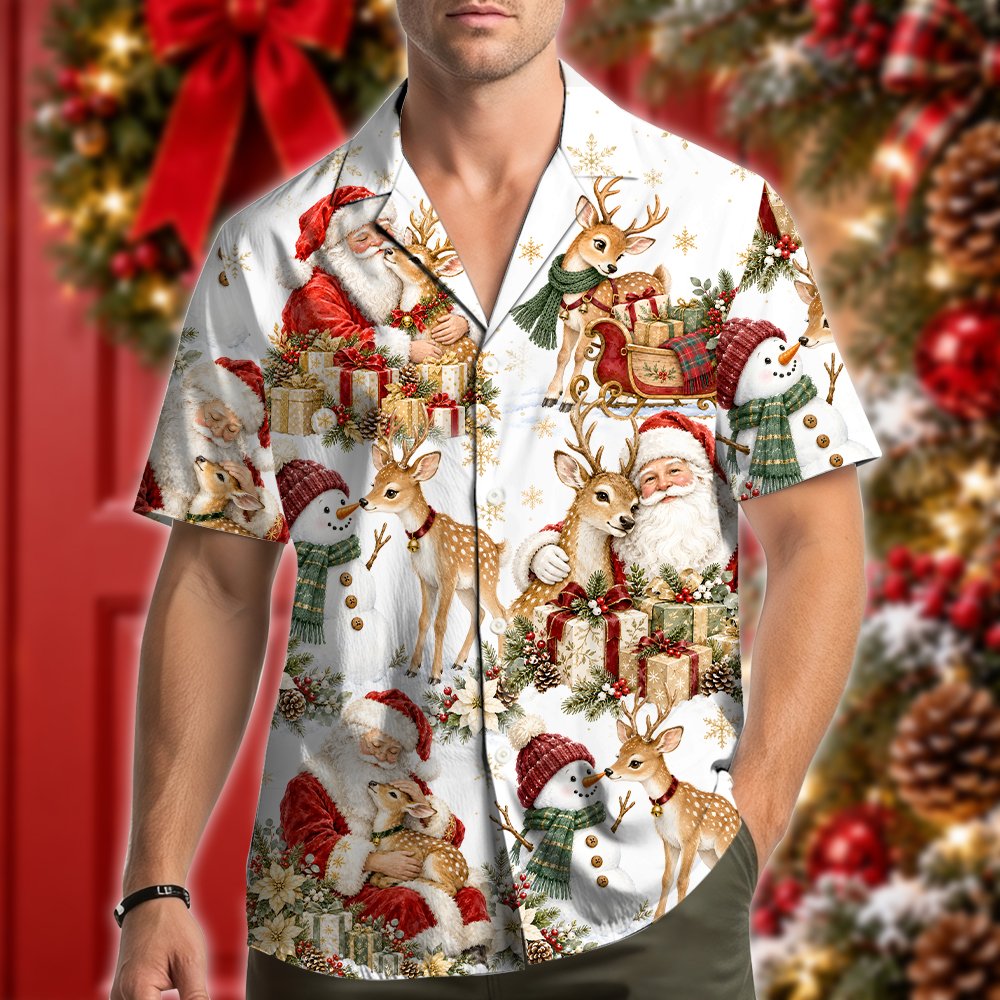 Third lifestyle view showing the multicolor christmas hawaiian shirt