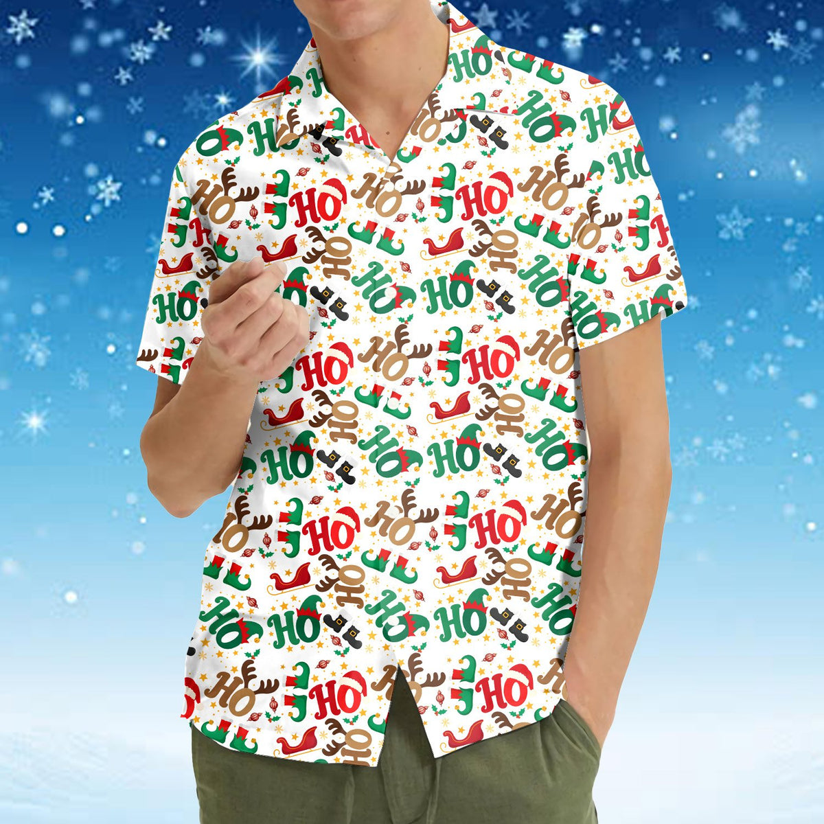 Third lifestyle view of the holiday hawaiian shirt