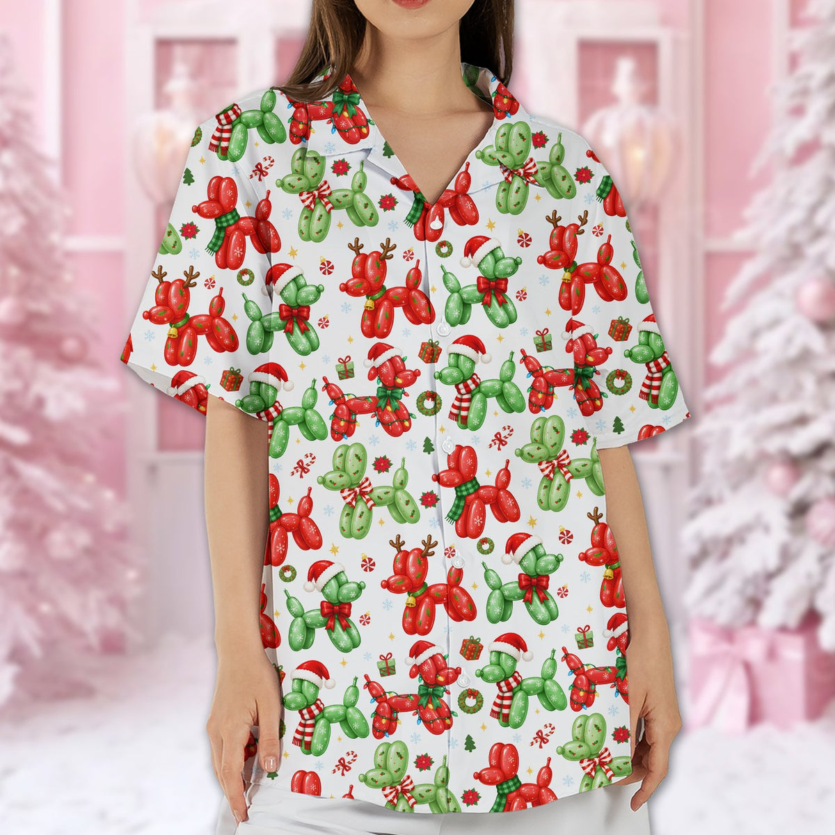 Close-up lifestyle view of the festive balloon dog pattern