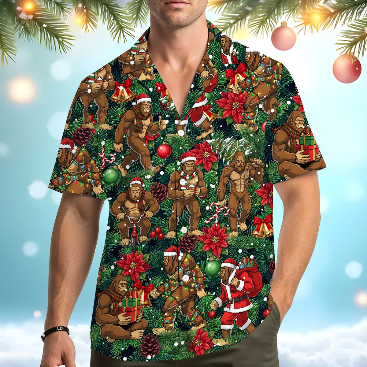 Third lifestyle view showcasing the festive hawaiian christmas shirt