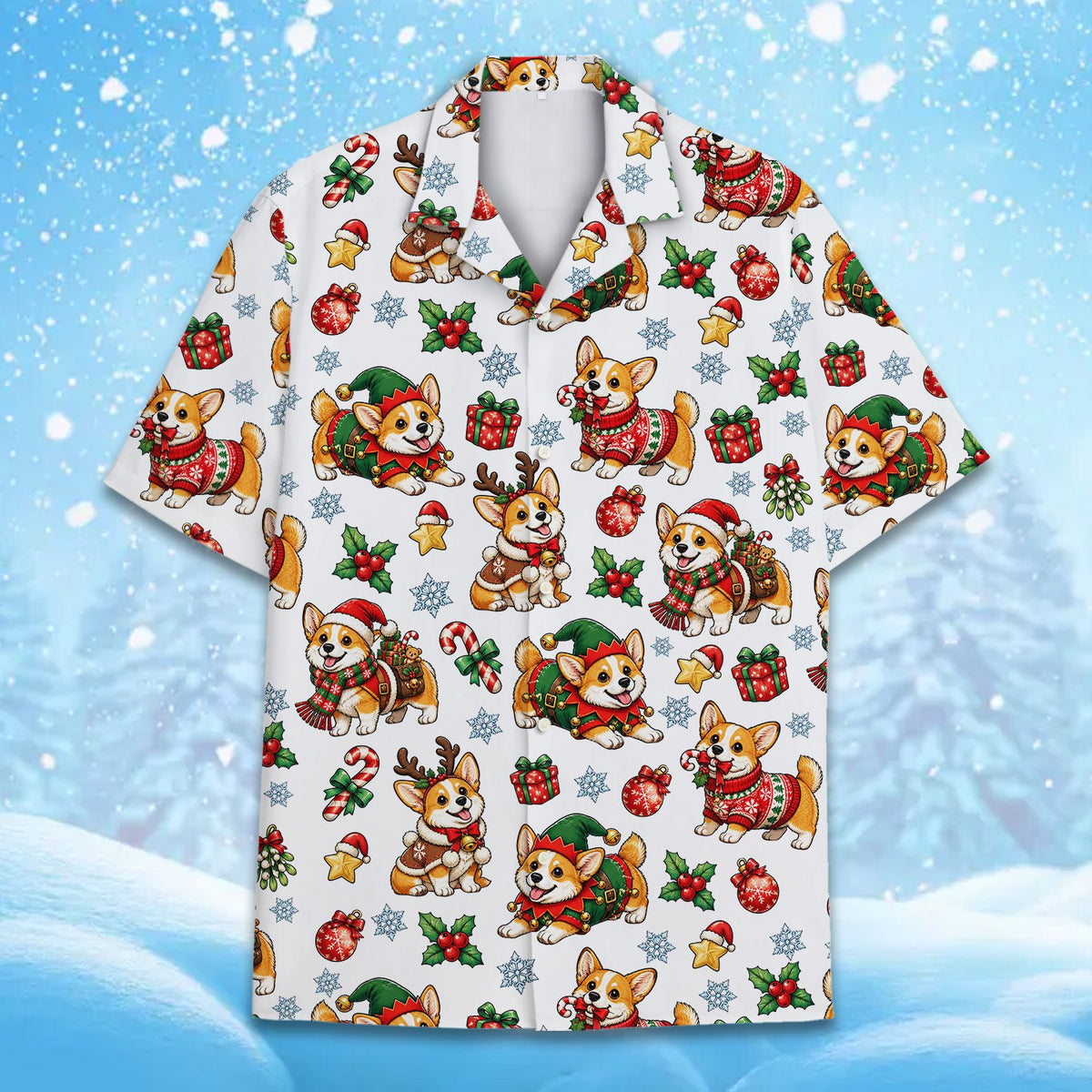 Third lifestyle view of the festive dog pattern button-down shirt
