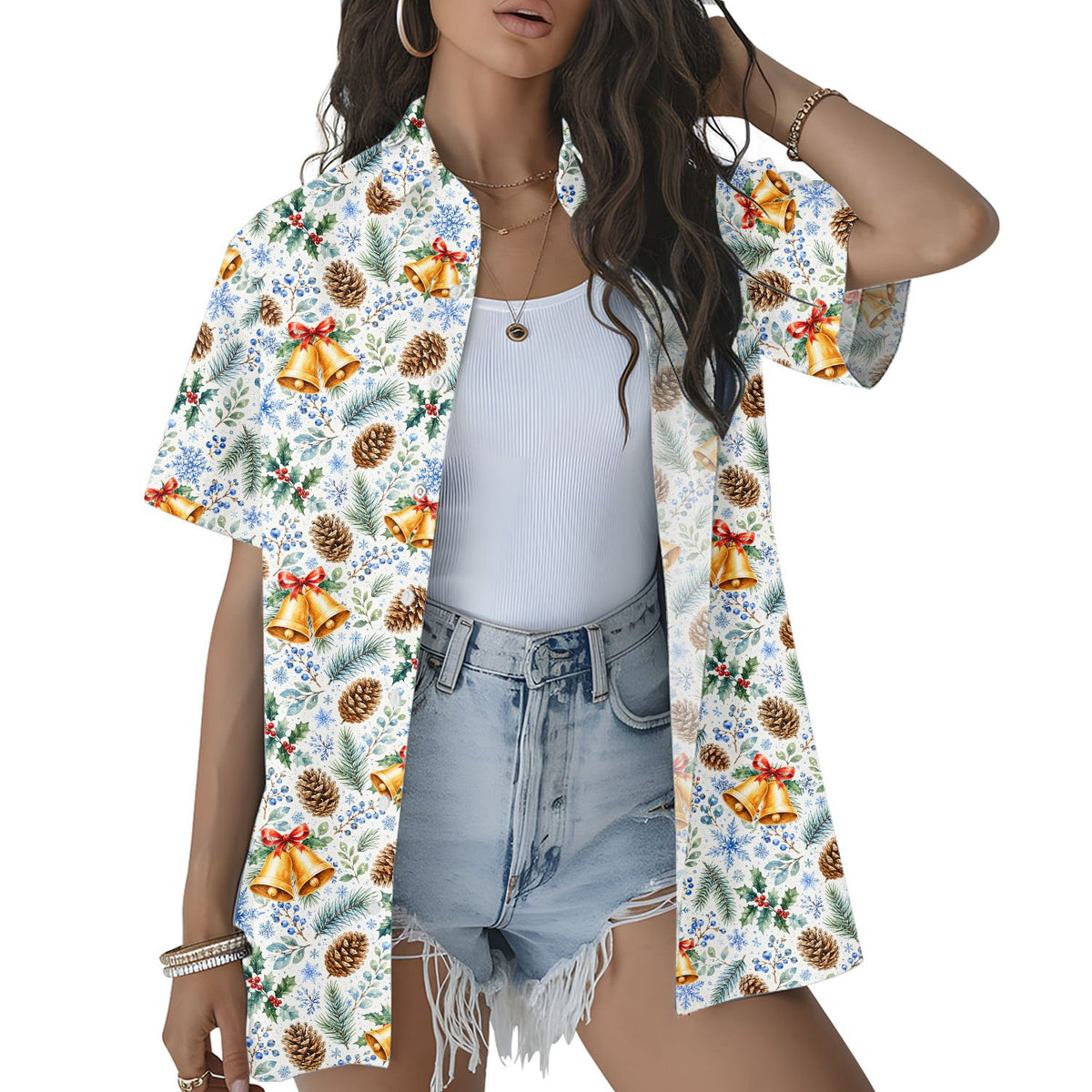 Another lifestyle view of the holiday Hawaiian shirt.