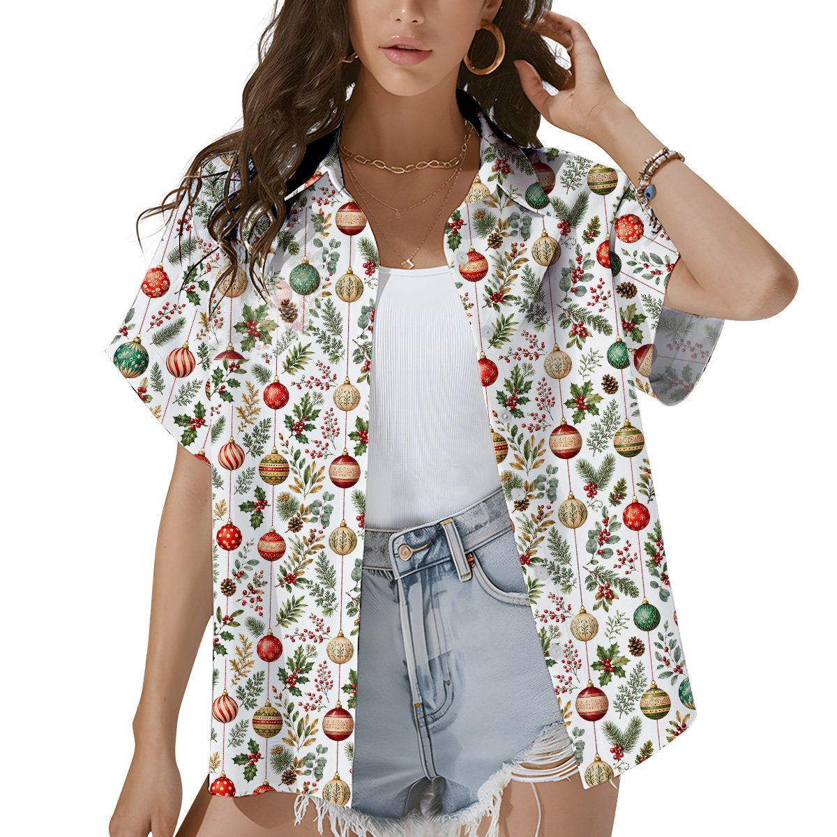 Third lifestyle shot highlighting the vibrant red and green holiday pattern