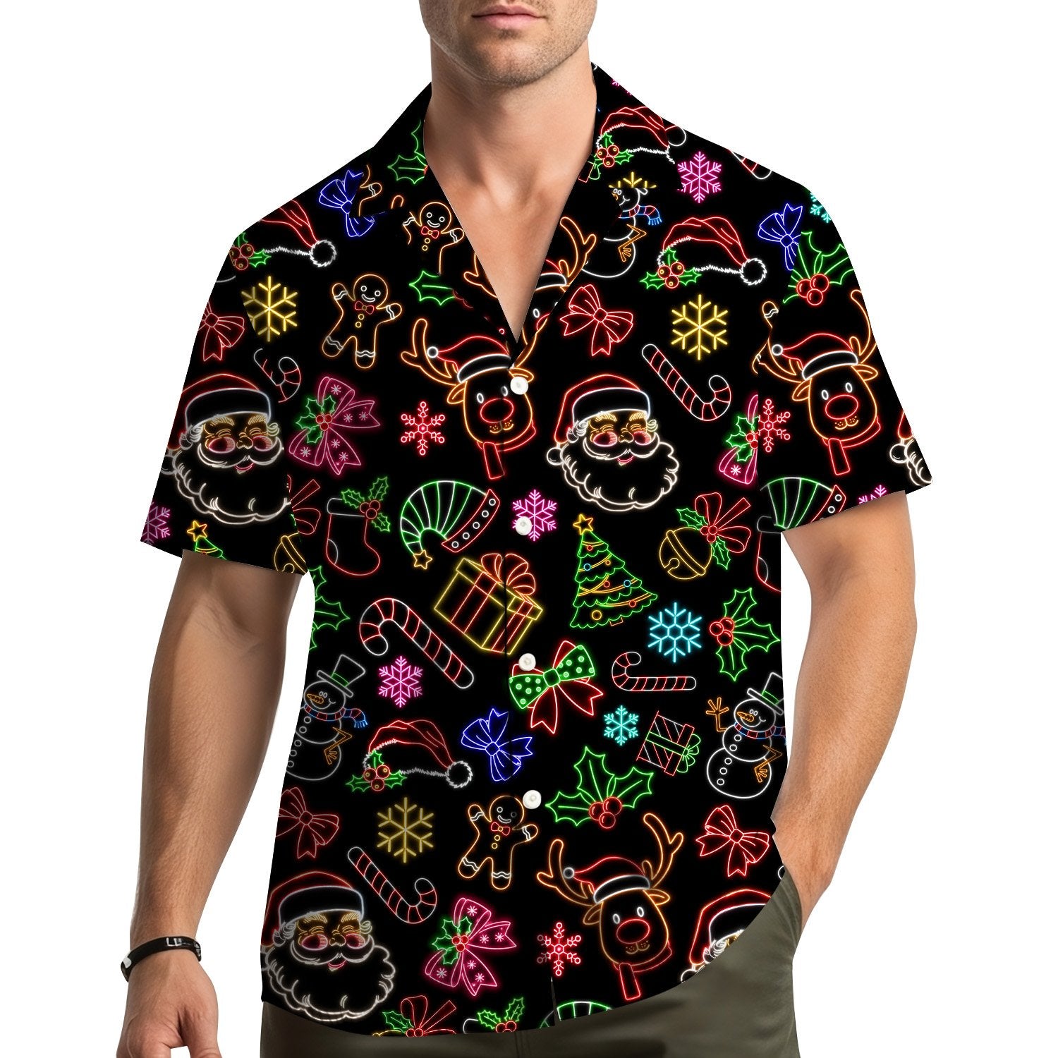 Third lifestyle shot of the neon Christmas icon hawaiian shirt