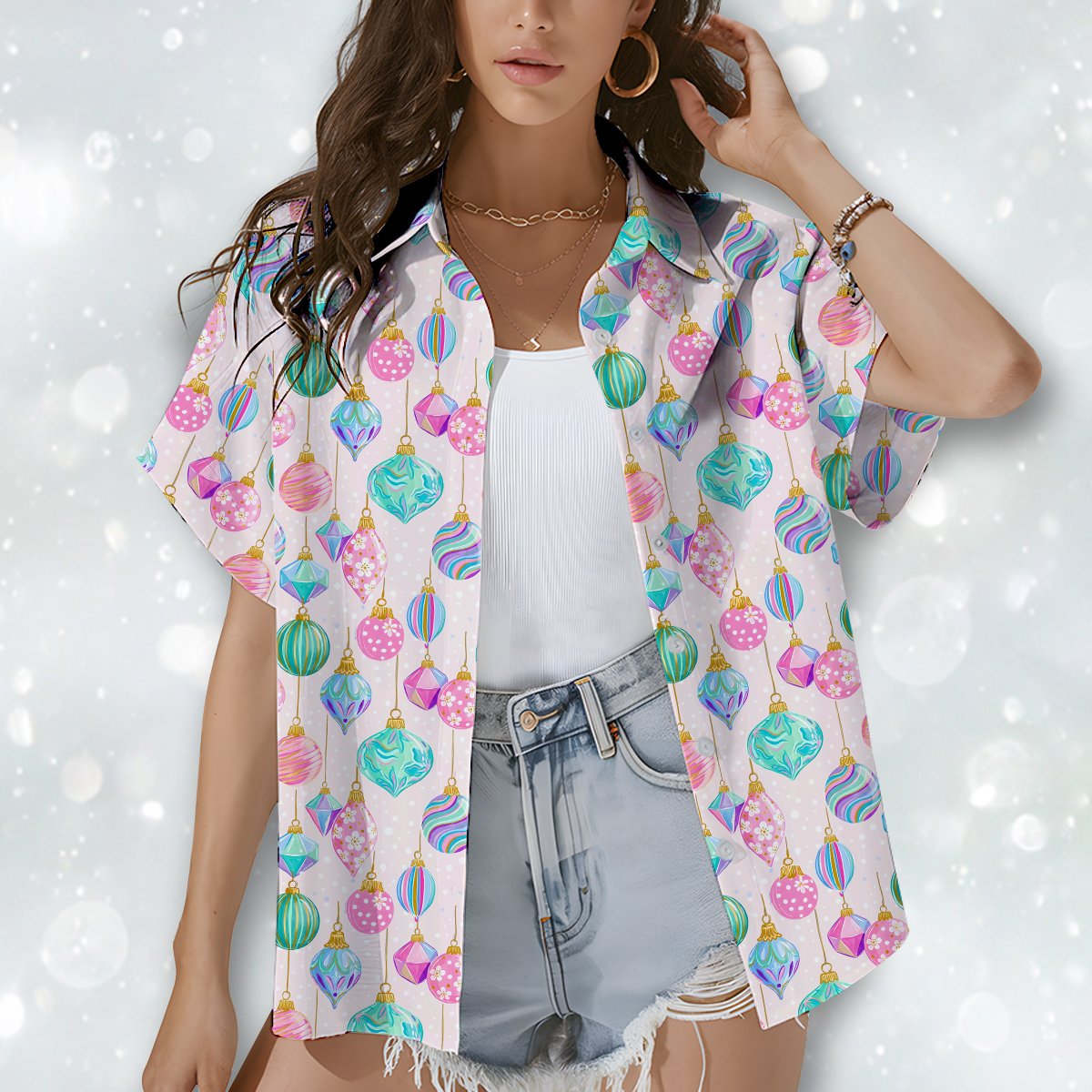 Third lifestyle shot showcasing the holiday hawaiian shirt