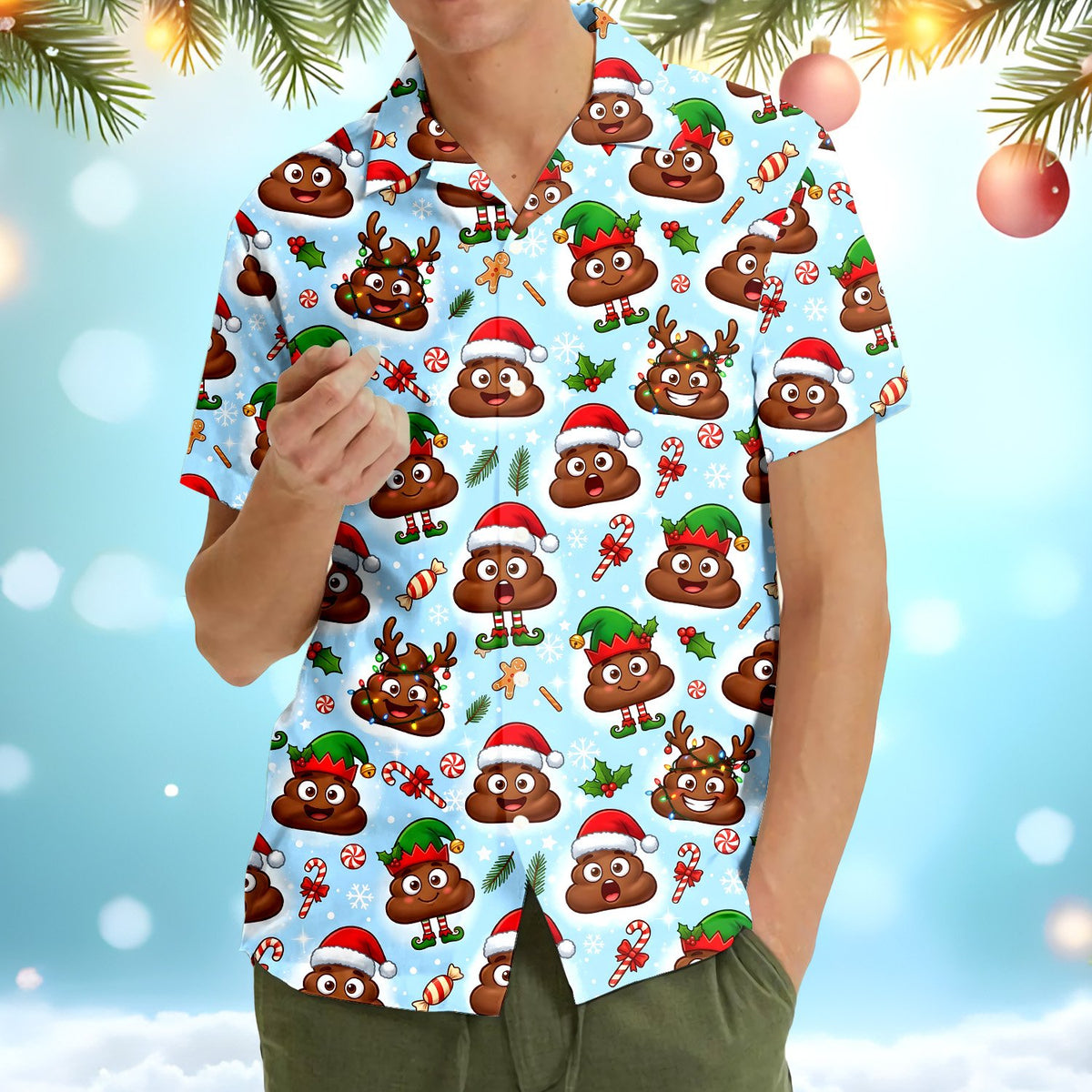 Lifestyle view of the light blue holiday Hawaiian shirt