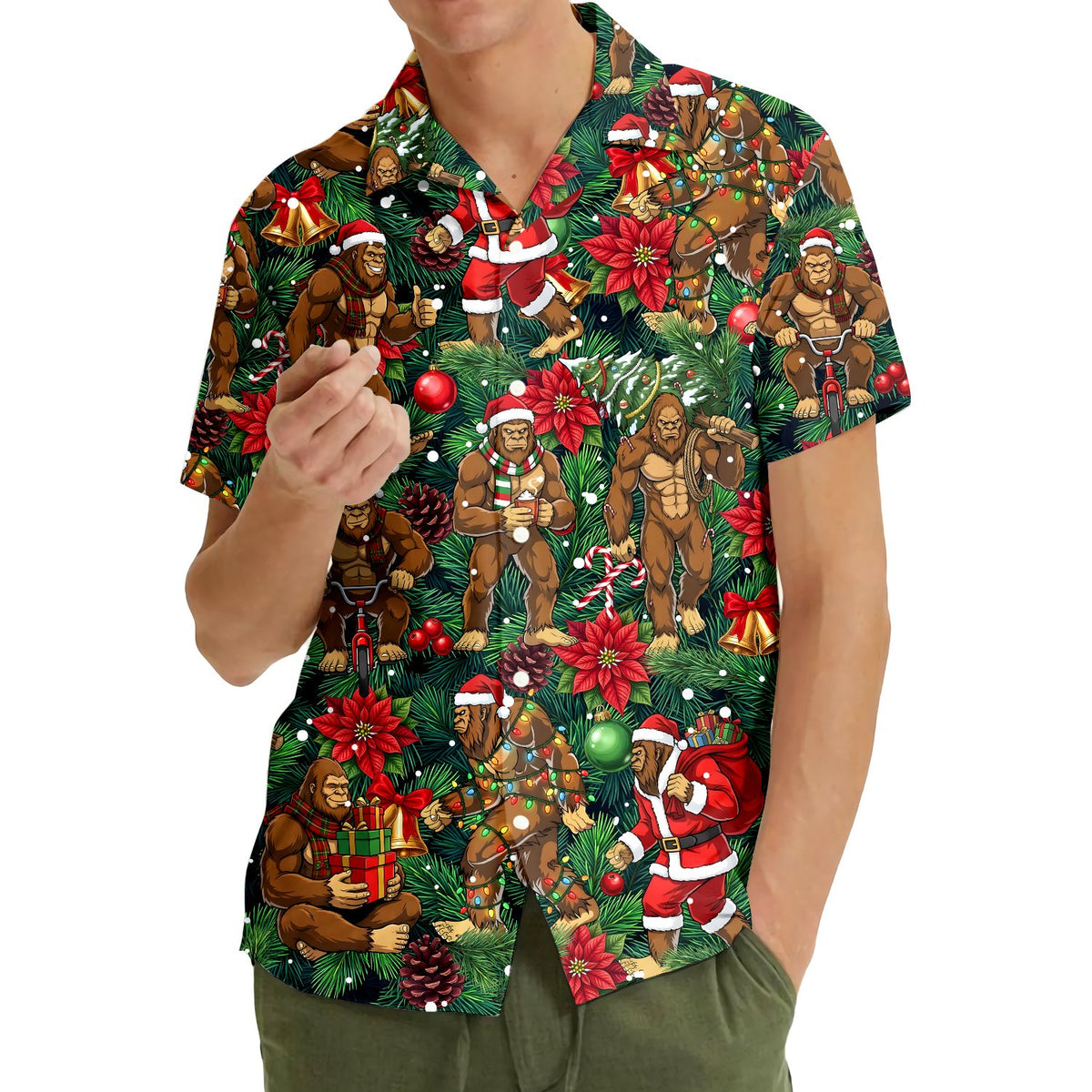 Fourth lifestyle view of the Bigfoot holiday family hawaiian shirts