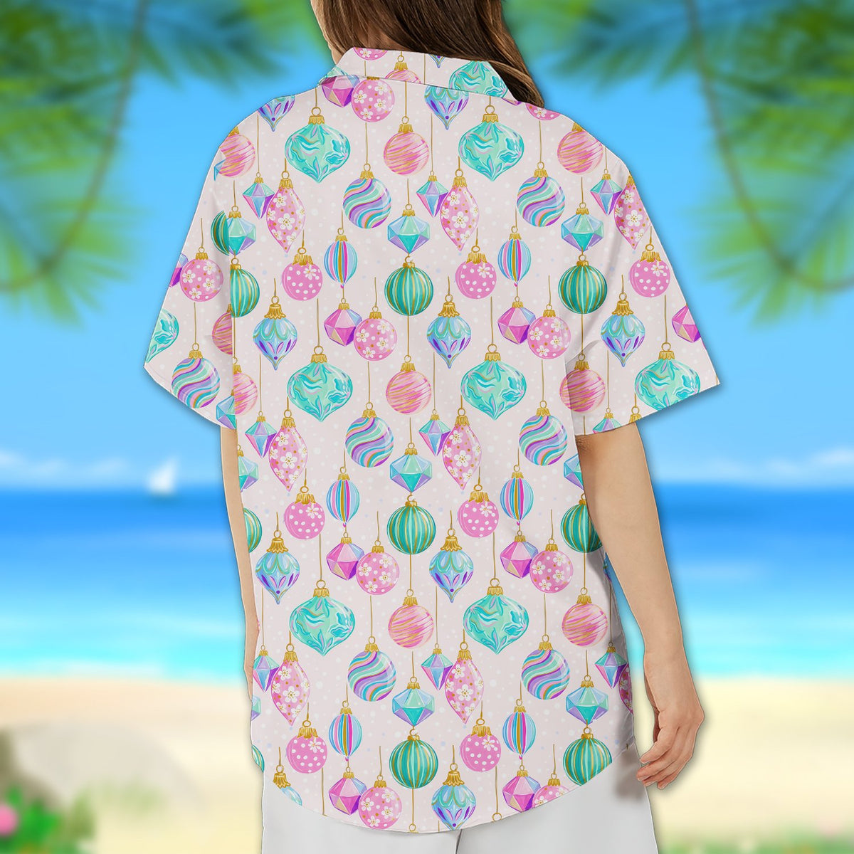 Fourth lifestyle image showing the pastel christmas ornament hawaiian shirt