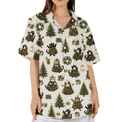 Group enjoying the holidays wearing matching cat tree hawaiian shirts