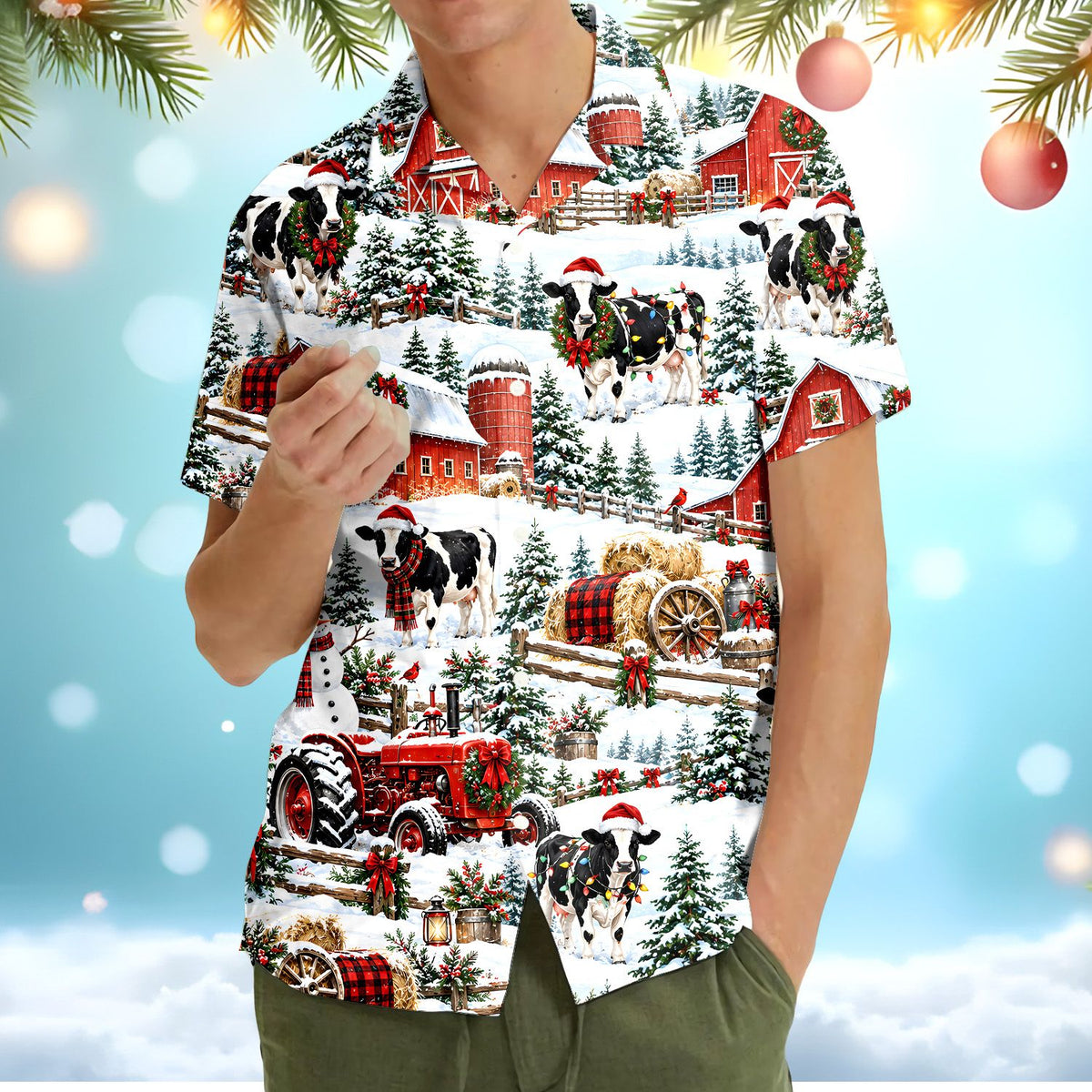 Fourth lifestyle view of the christmas hawaiian shirt in a festive holiday setting