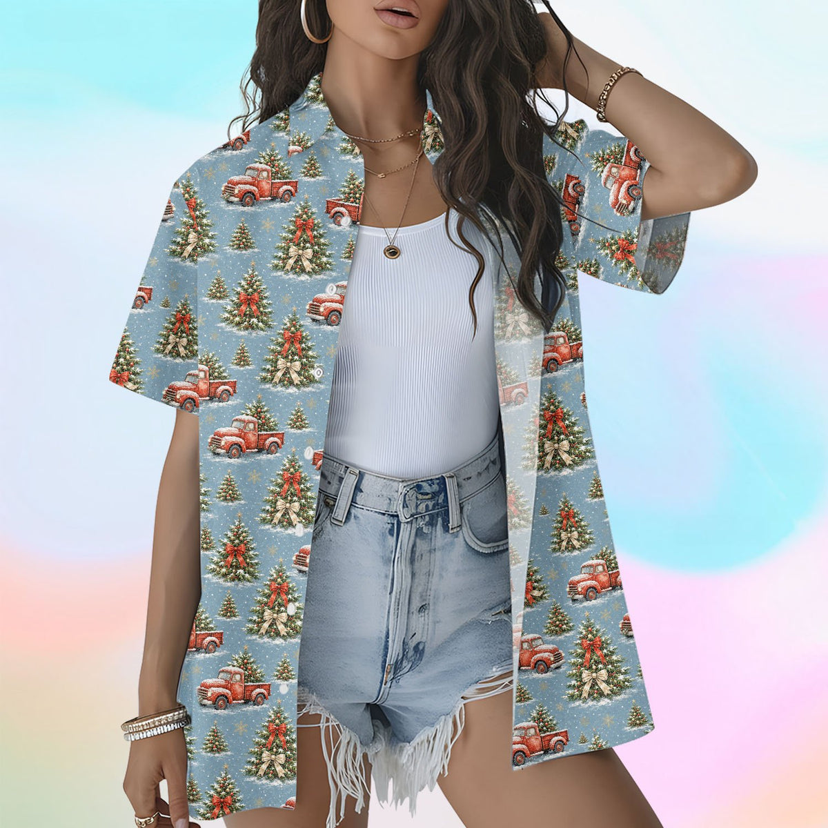 Fifth lifestyle view highlighting the comfortable fit of the hawaiian christmas shirt