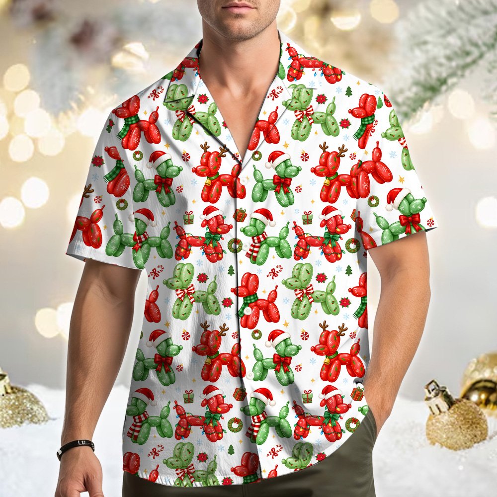 Person modeling the Christmas hawaiian shirt outdoors