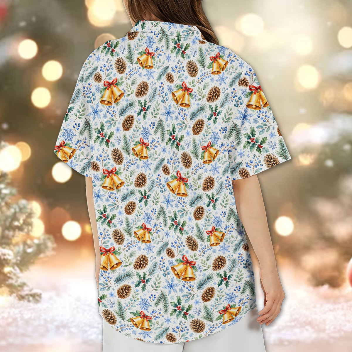 Final lifestyle view of the matching family Hawaiian shirt in a holiday setting.
