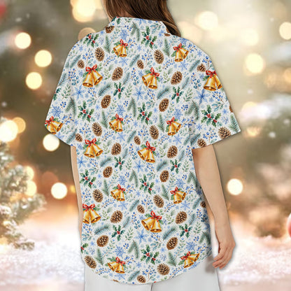 Final lifestyle view of the matching family Hawaiian shirt in a holiday setting.