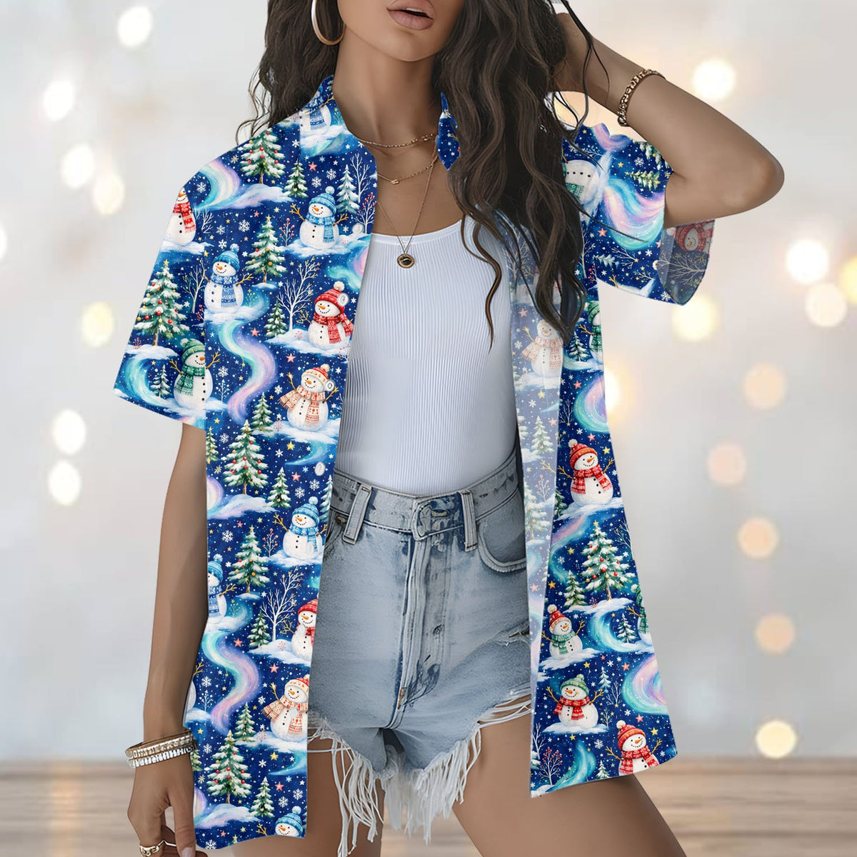Lifestyle shot of the winter wonderland holiday shirt in a casual setting