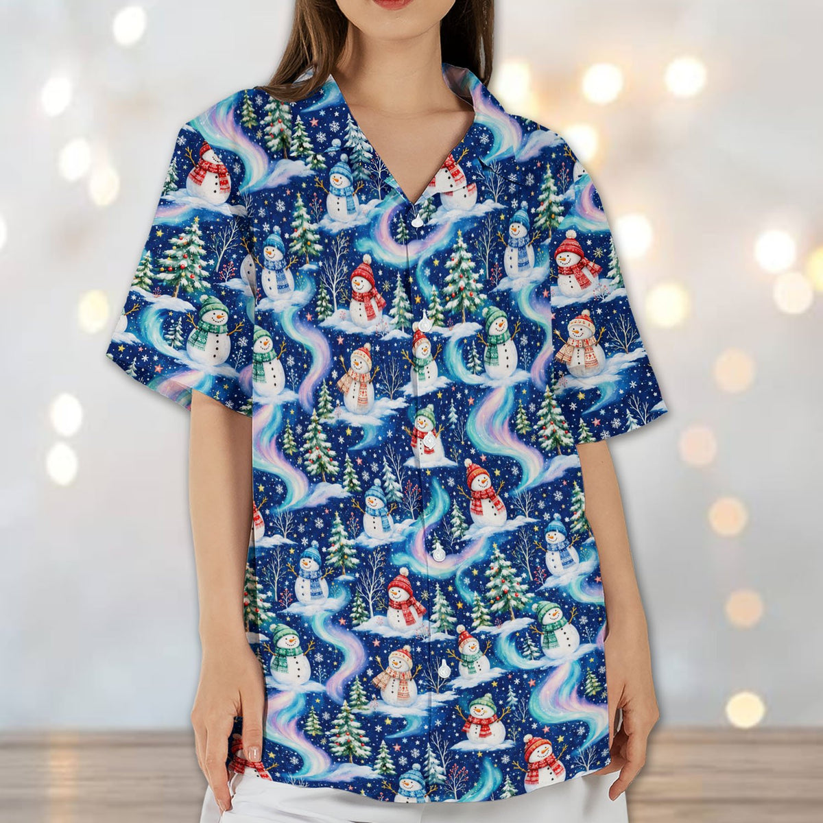 Lifestyle view of the navy and blue Christmas Hawaiian shirt