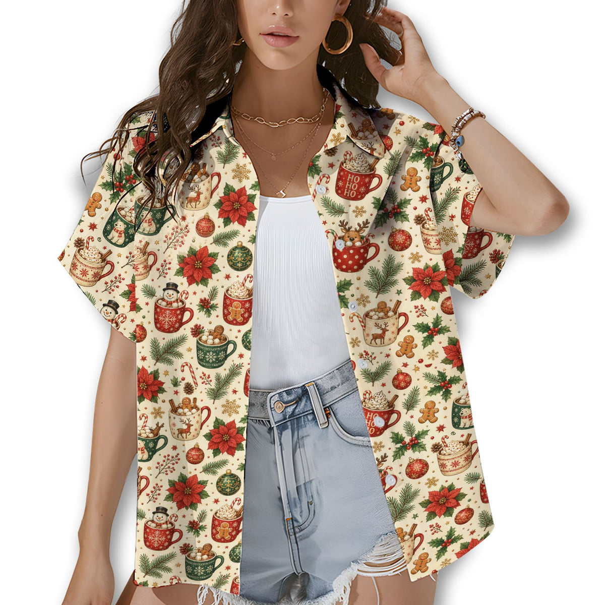 Lifestyle view of someone wearing the matching family hawaiian shirt with holiday print