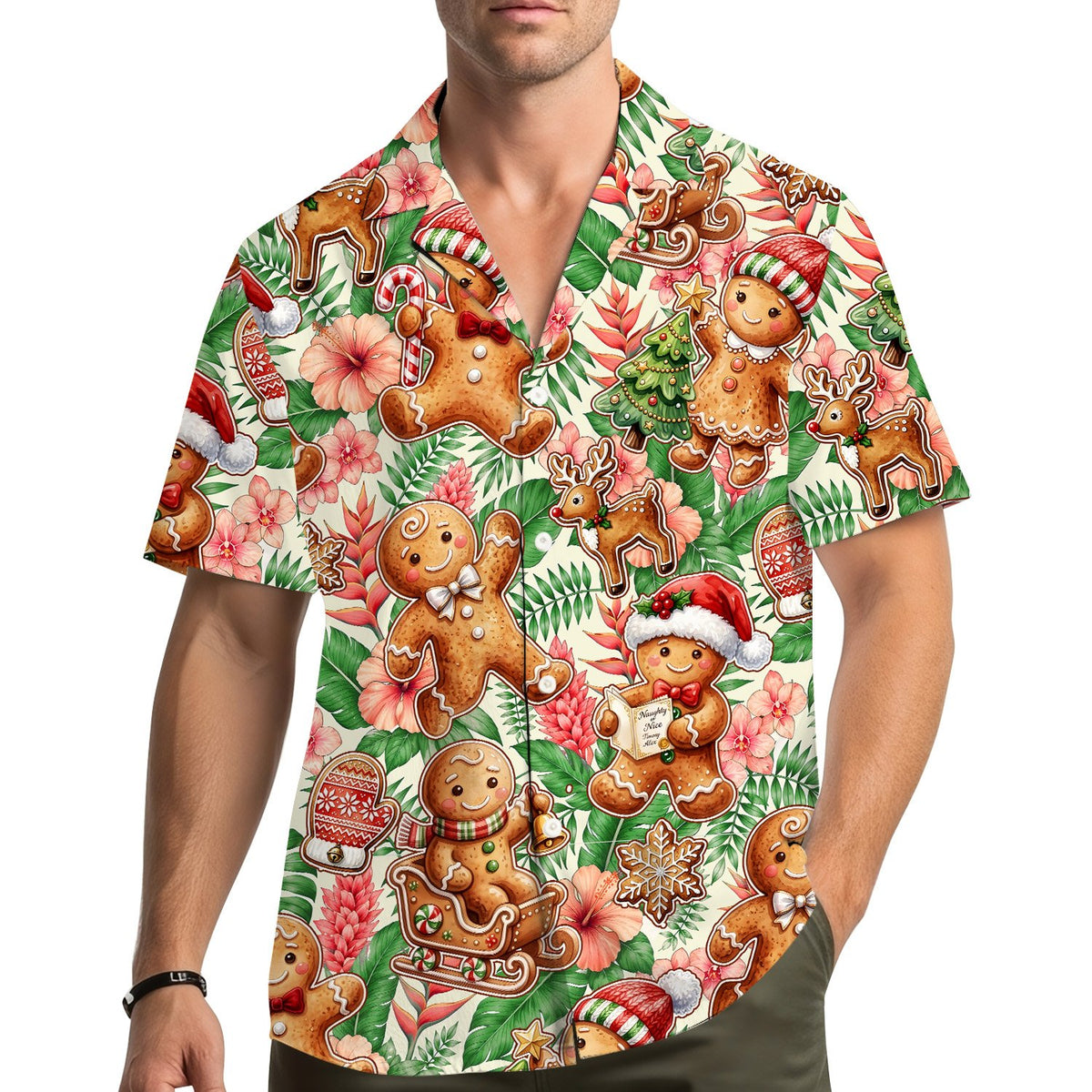 Family wearing matching hawaiian shirts during the holidays, lifestyle view