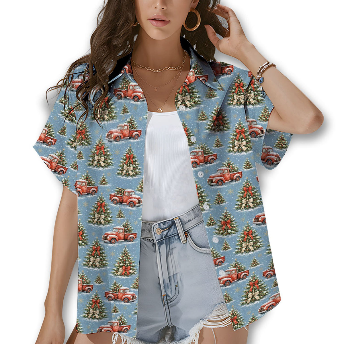 Lifestyle view of a family wearing matching family hawaiian shirts with a christmas theme