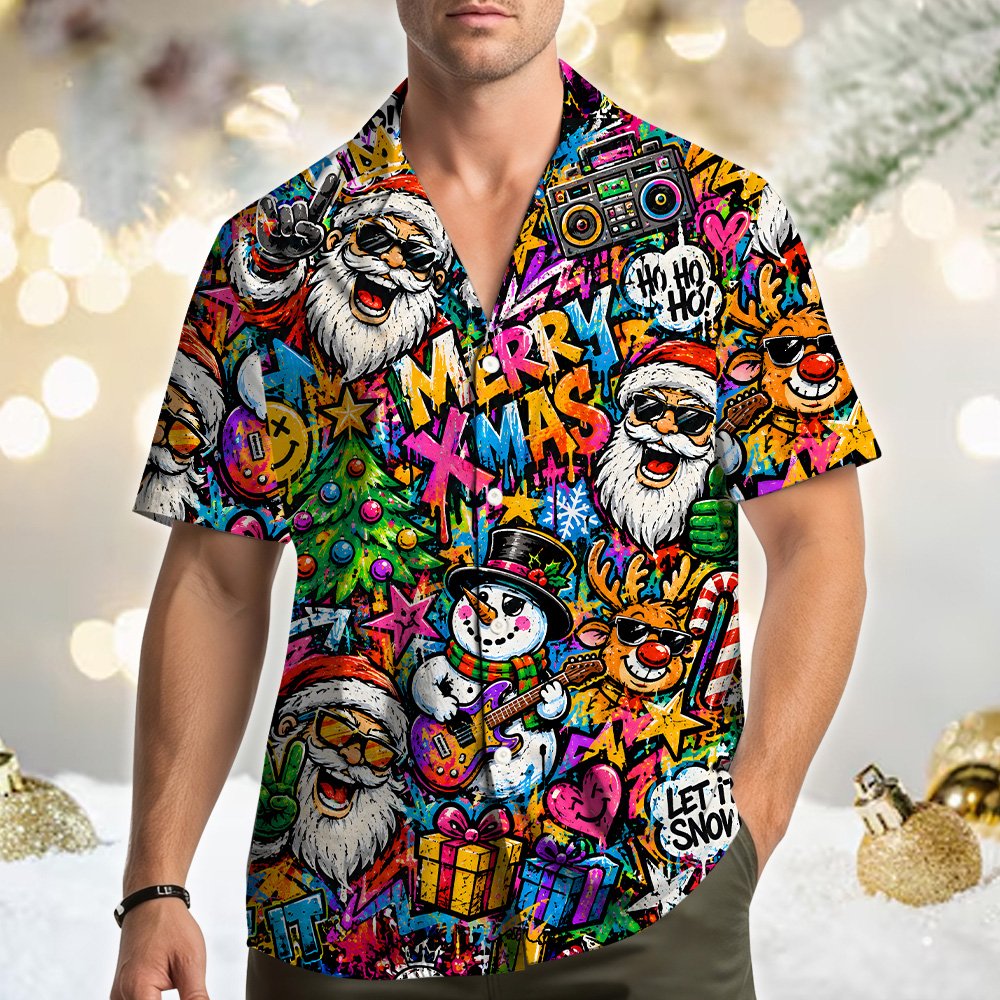 Family wearing matching family hawaiian shirts during the holidays
