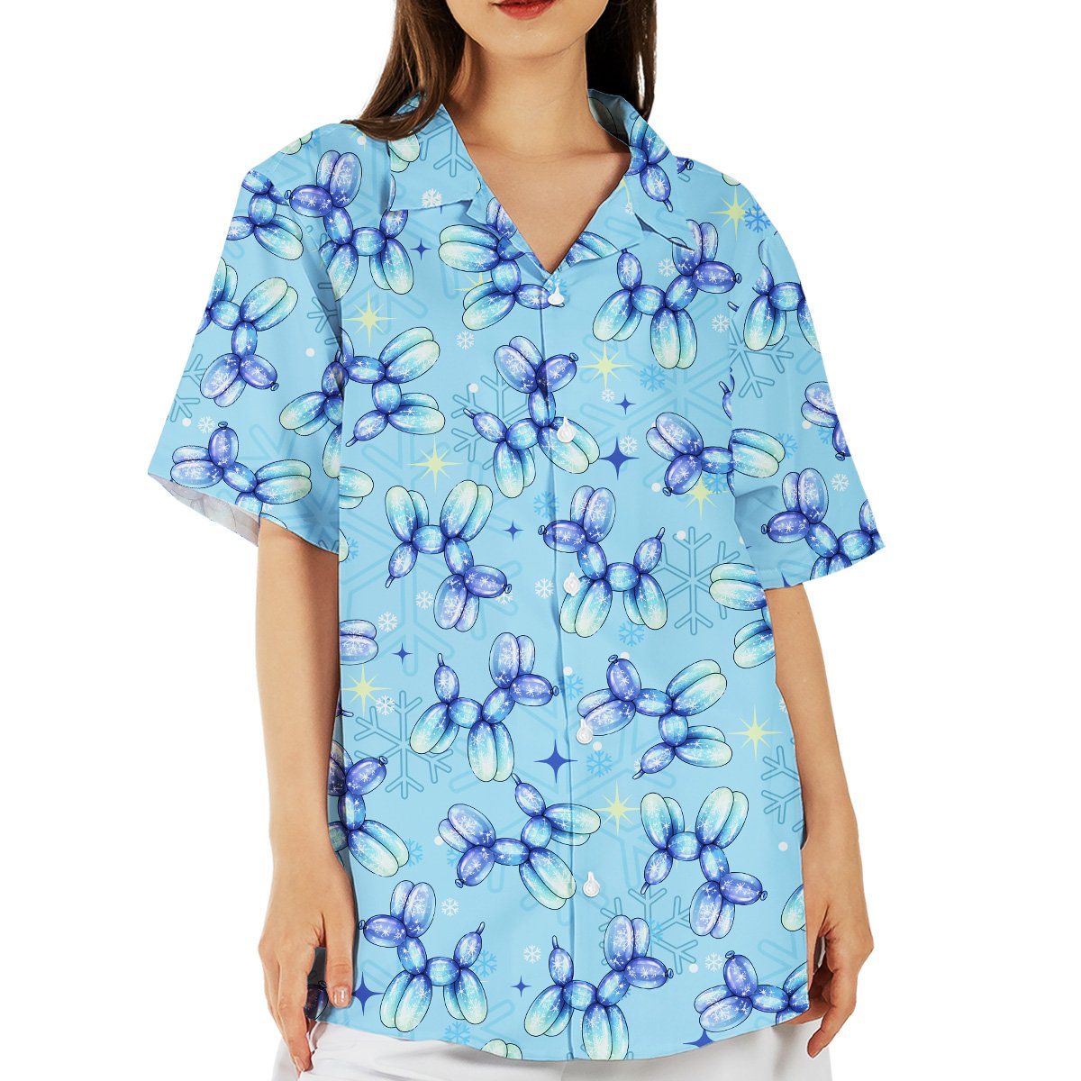 Person wearing the light blue balloon dog christmas hawaiian shirt outdoors