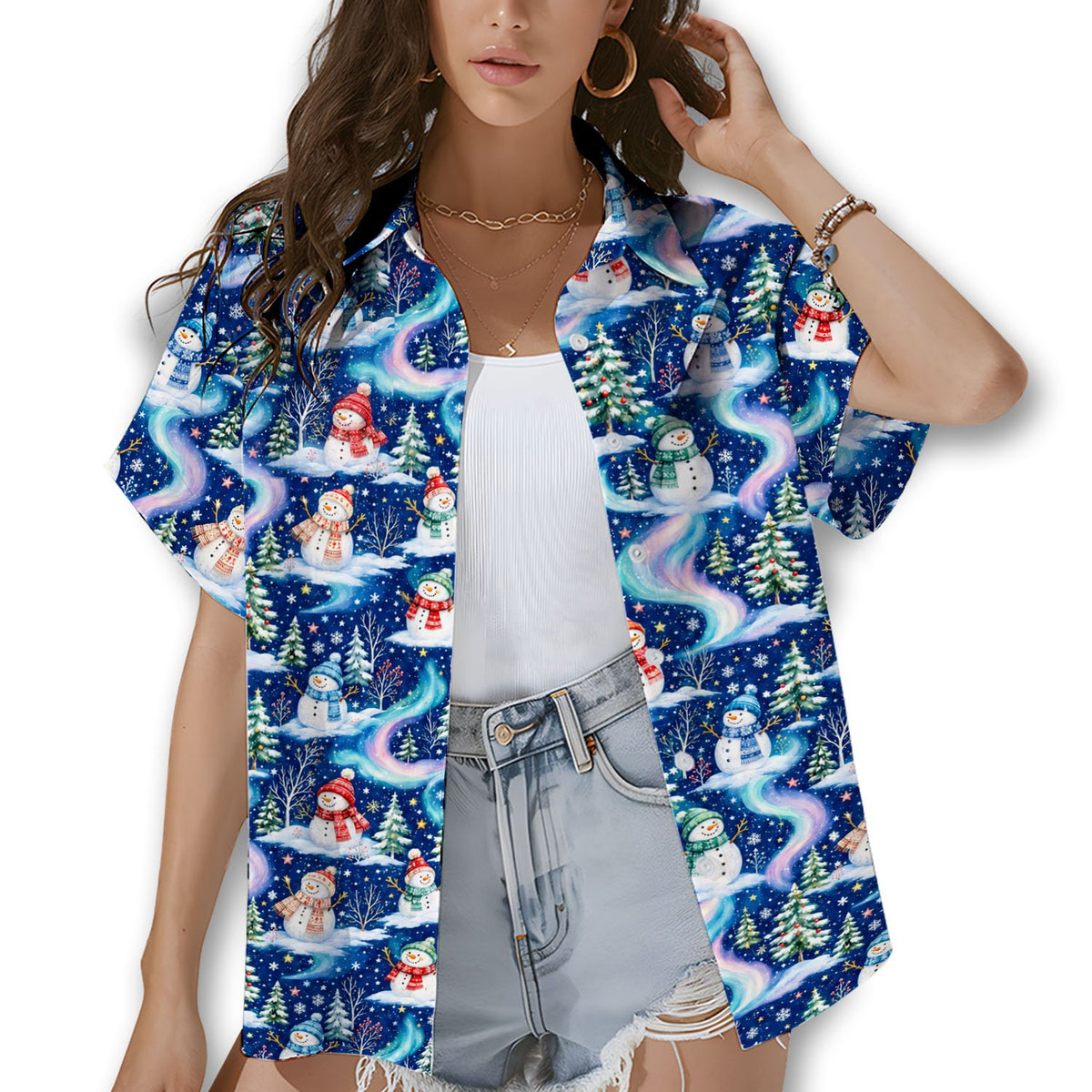 Lifestyle view of a family wearing matching Christmas Hawaiian shirts