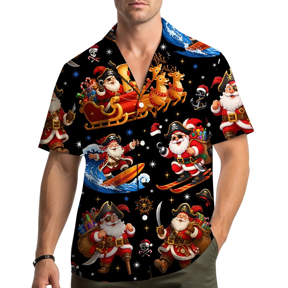 Lifestyle view of someone wearing the festive family hawaiian shirts